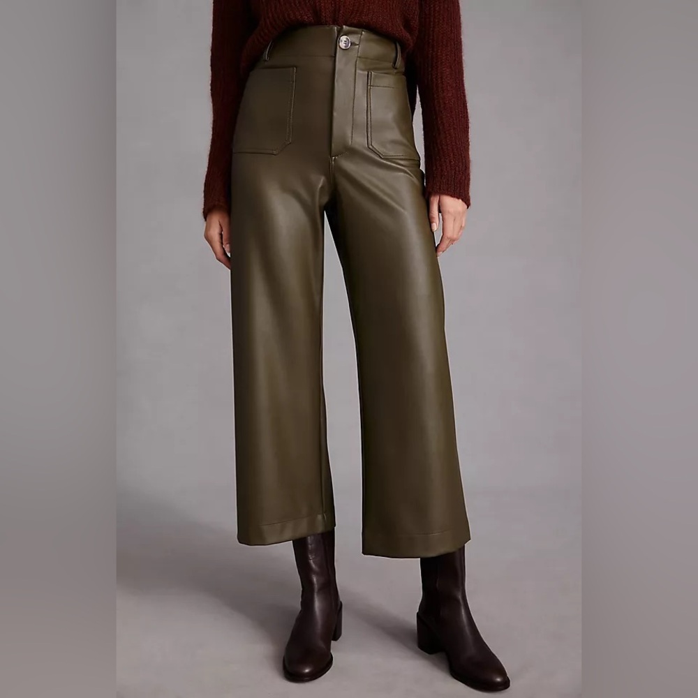 Anthropologie Maeve Collette Faux Leather Wide Leg Crop Pants Green Size 23
